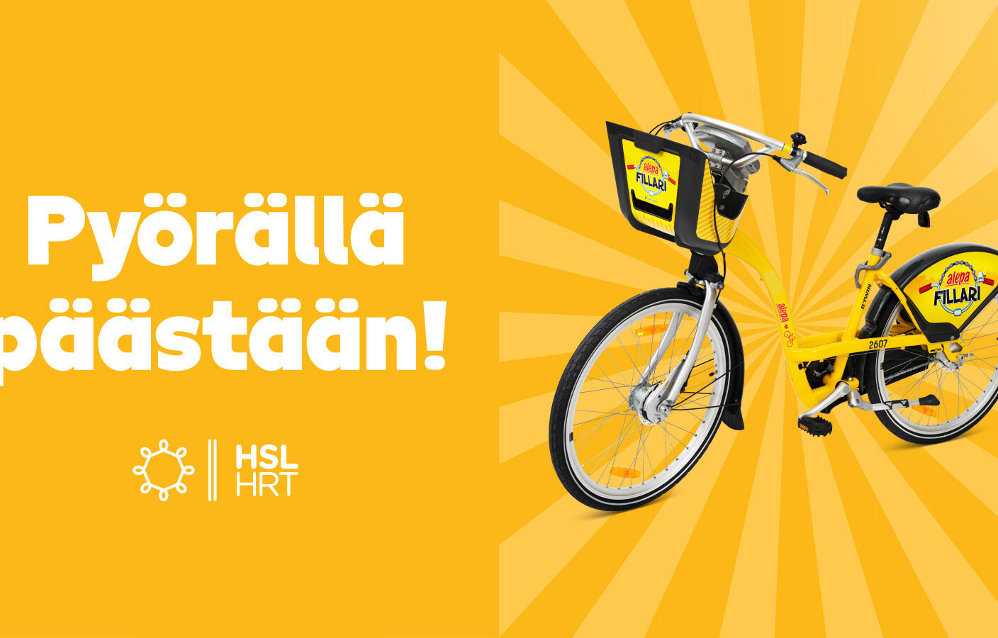 Pyörällä päästään -teksti ja kaupunkipyörä.