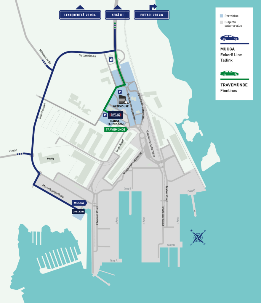 Kartta Vuosaaren satamasta, jossa on ajo-ohjeet Muugaan matkustavien lähtöselvitysalueelle