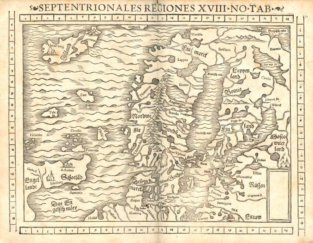 Skandinavian kartta Helsingin perustamisajankohdalta vuodelta 1552. Turun ja Viipurin välille tarvittiin uusi satamakaupunki.