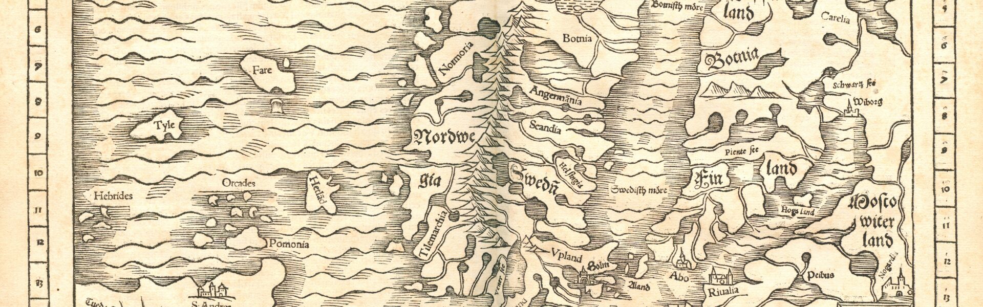 Skandinavian kartta Helsingin perustamisajankohdalta vuodelta 1552. Turun ja Viipurin välille tarvittiin uusi satamakaupunki.