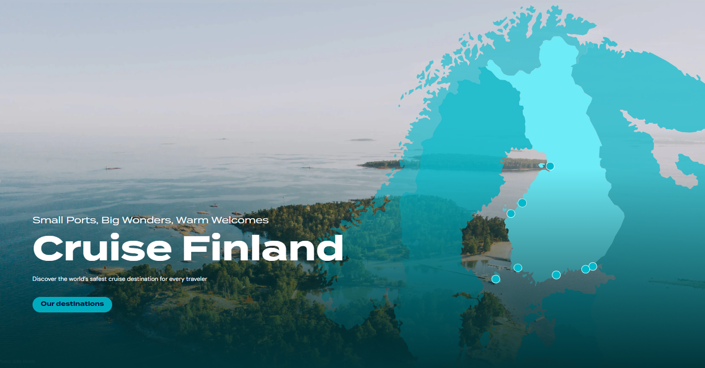 Cruise Finland -sivuston kuva, jossa suomen kartta on saaristo- ja merimaiseman päällä.