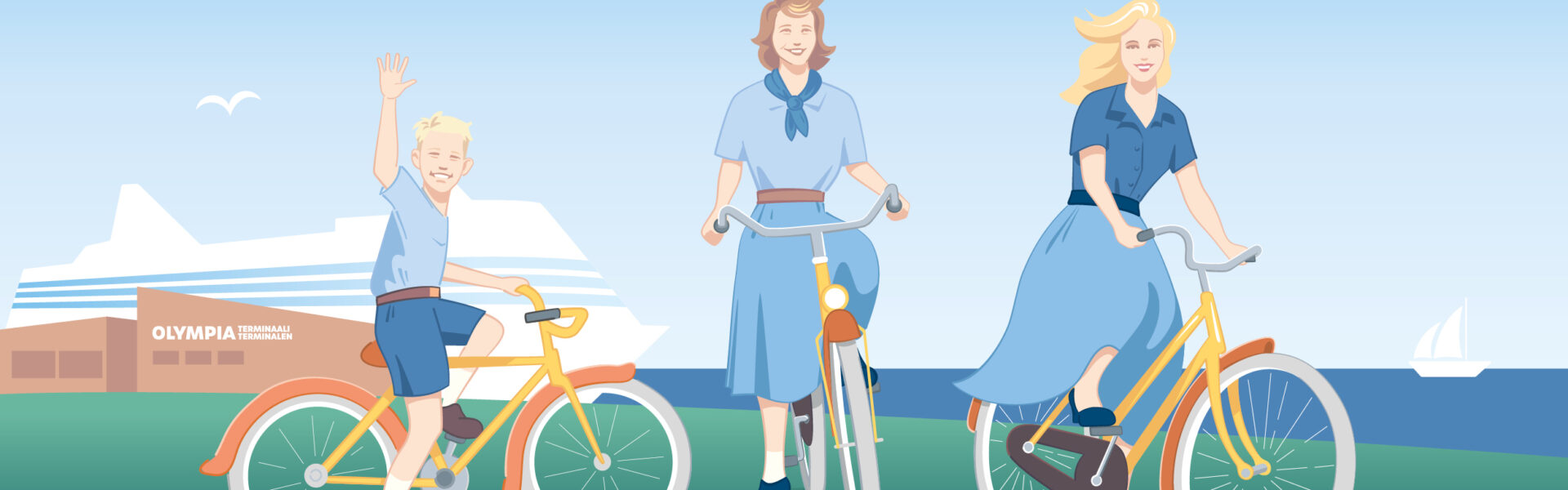 Tre cyklister och en fartyg.
