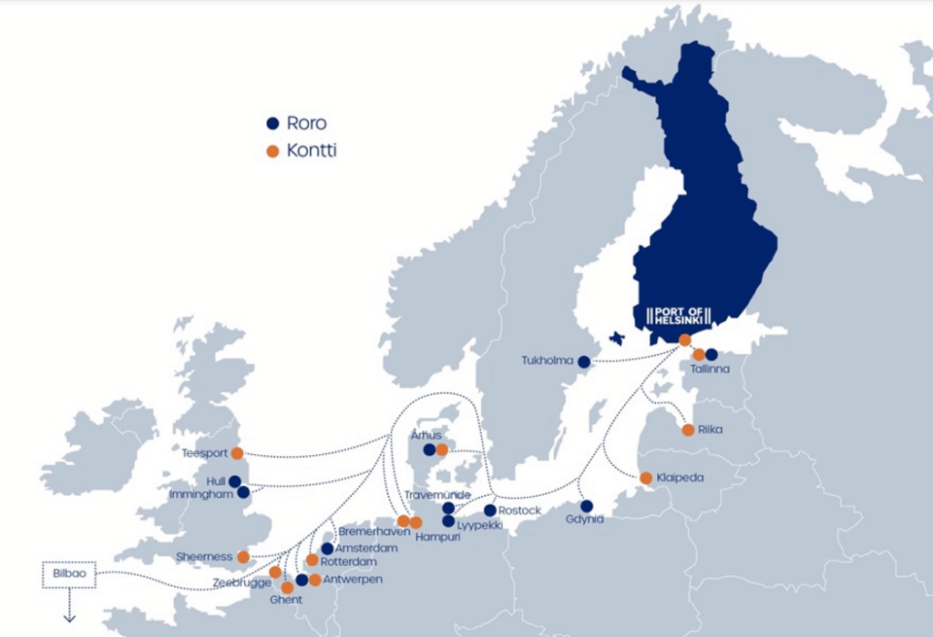 Karttakuva roro- ja konttiliikenteen reiteistä Suomen ja Keski-Euroopan välillä.